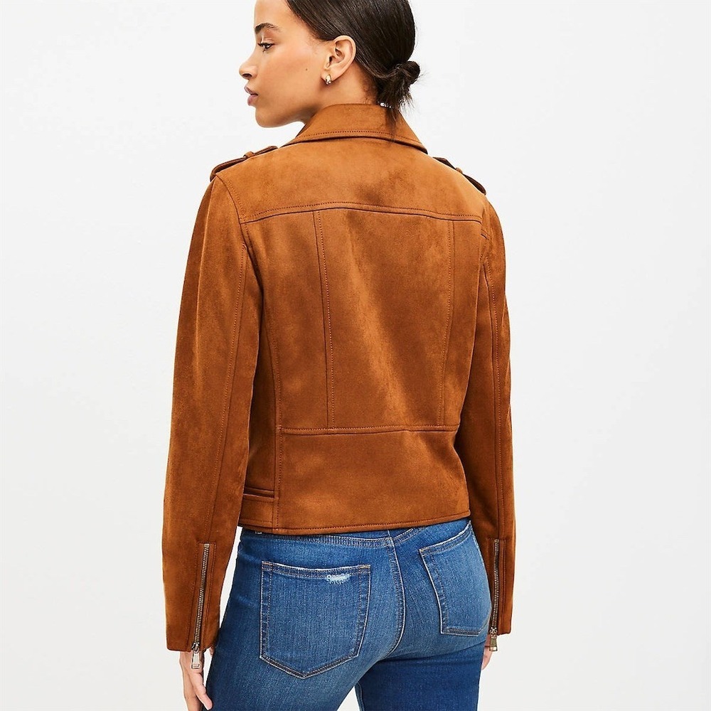 LOFT Moto Jacket Womens Medium Petite Tan‎ Camel Asym Zip Biker - Picture 9 of 10